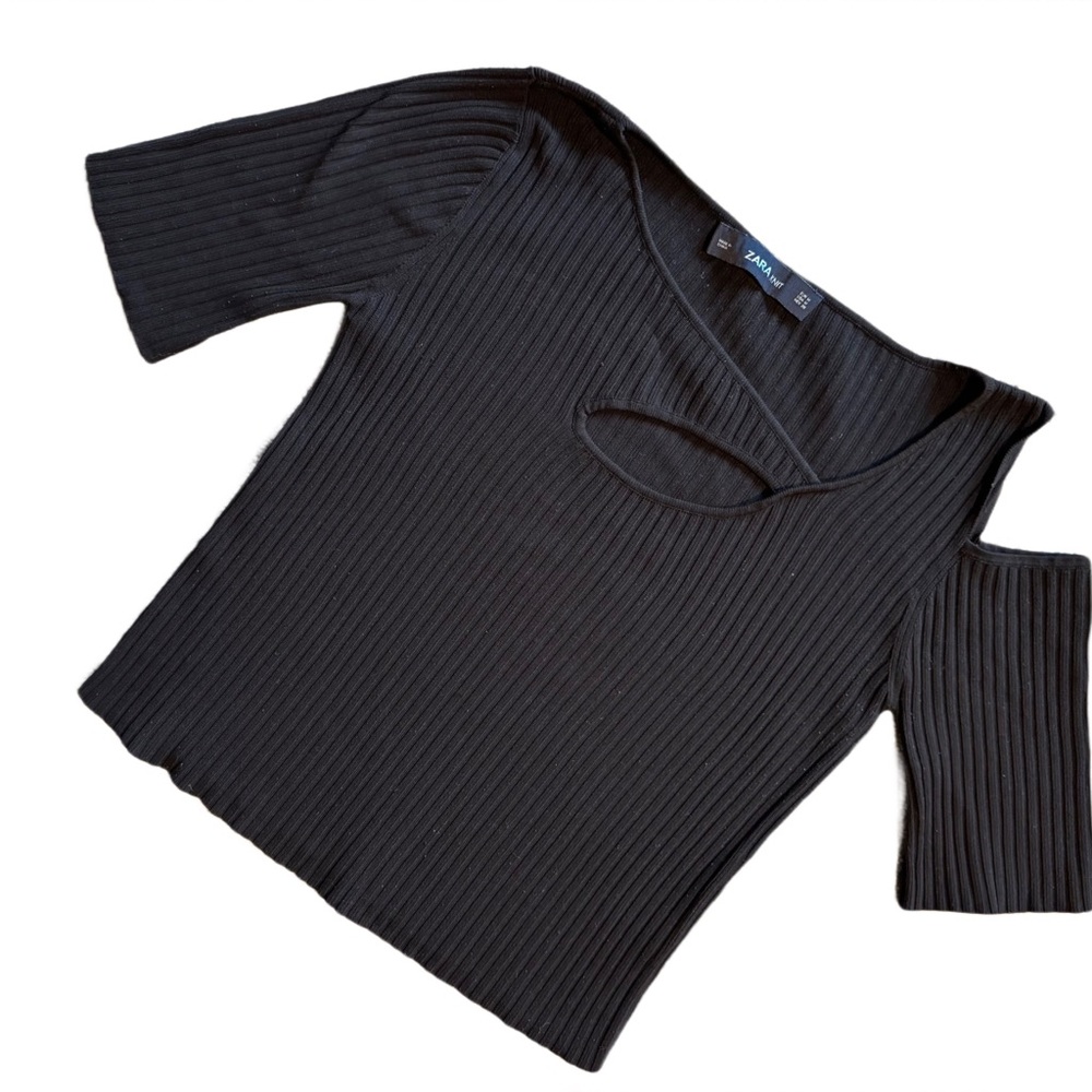 Zara Black Ribbed Top with Cut-Out Size Medium